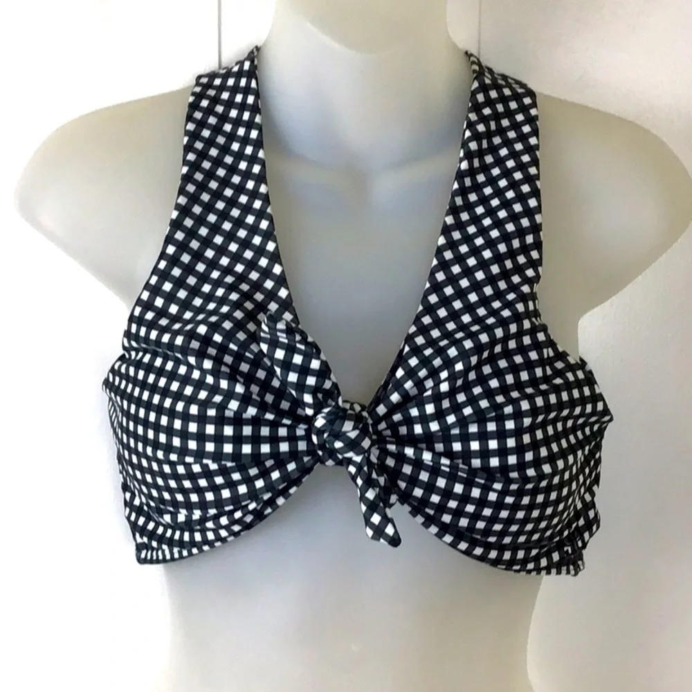 Albion Fit Black Gingham Knot Halter Bikini Top M